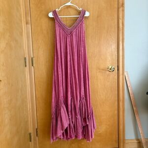Free People Maxi Dress Sleeveless Pink Embroidered V Neck Bohemian Boho‎